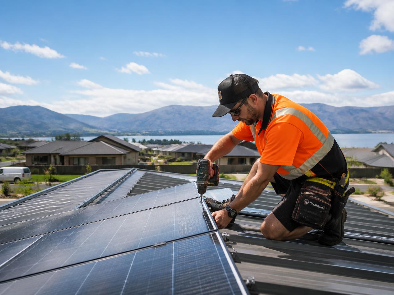 Installer fitting solar panels to a residential roof